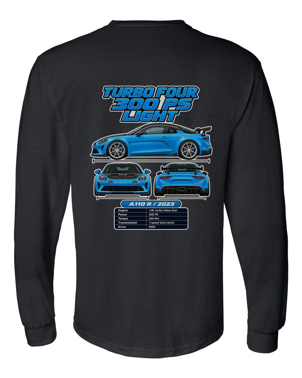 Alpine A110 R spec sheet black long sleeve back view with the design