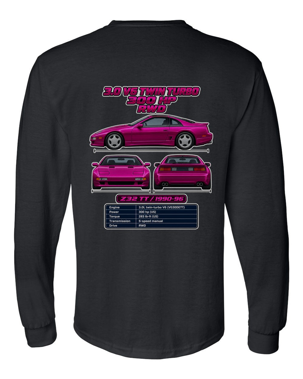 Nissan 300Zx Twin Turbo Z32 spec sheet black long sleeve back view with the design