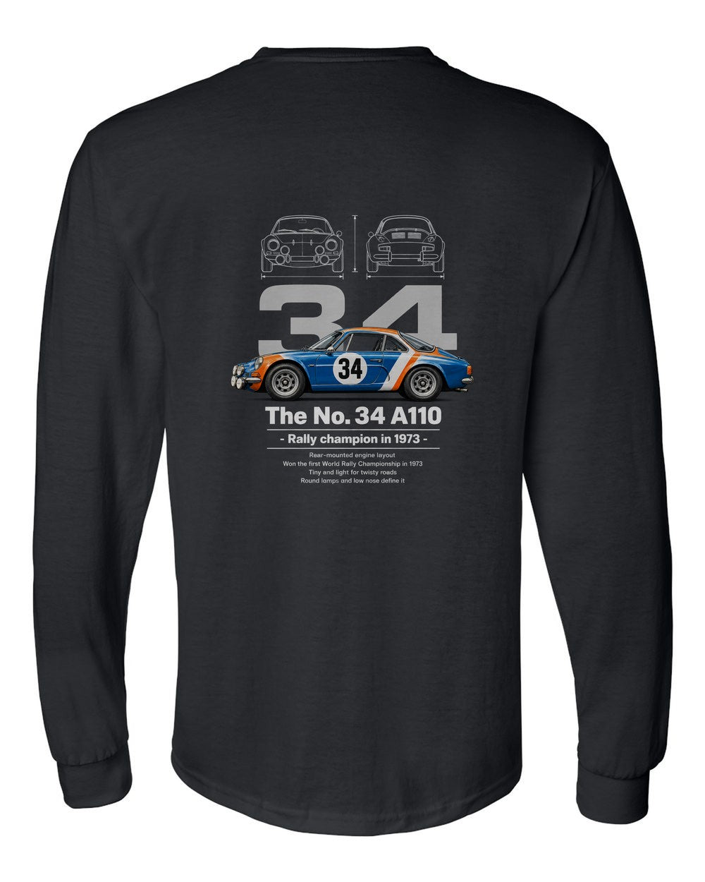 No. 34 A110 black long sleeve back view with the design