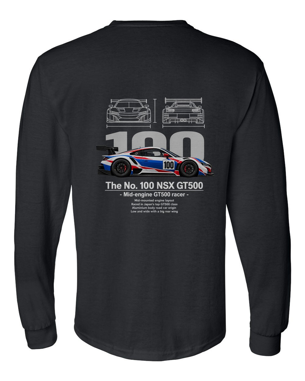 No. 100 NSX GT500 black long sleeve back view with the design