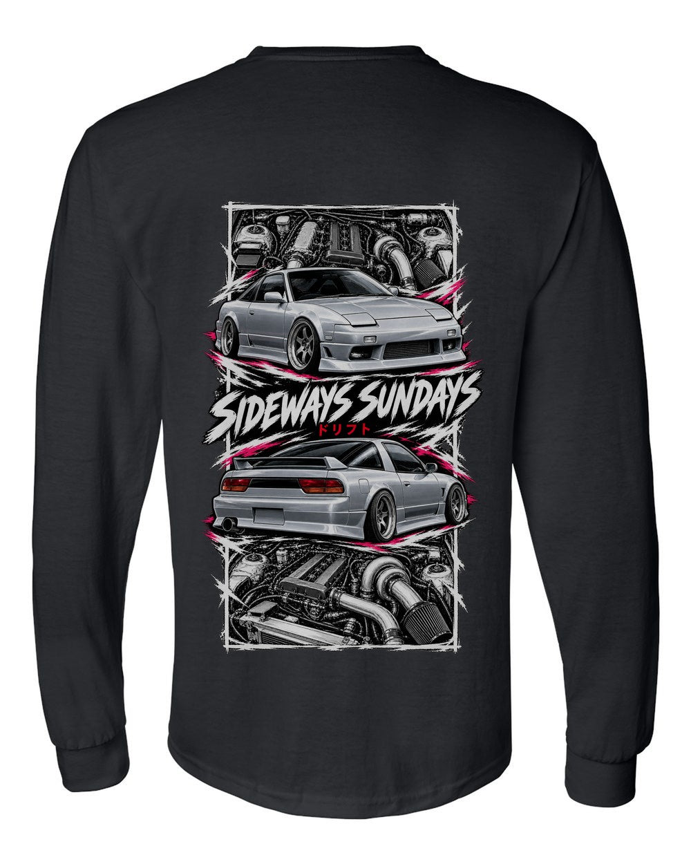 Nissan 180Sx S13 torn poster black long sleeve back view with the design