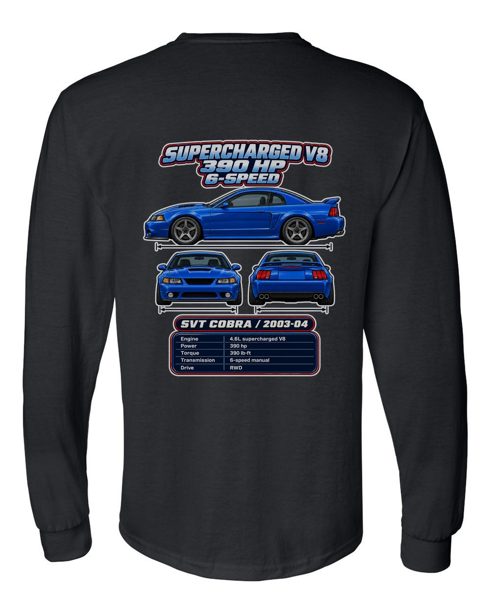 Ford SVT Cobra Terminator spec sheet black long sleeve back view with the design