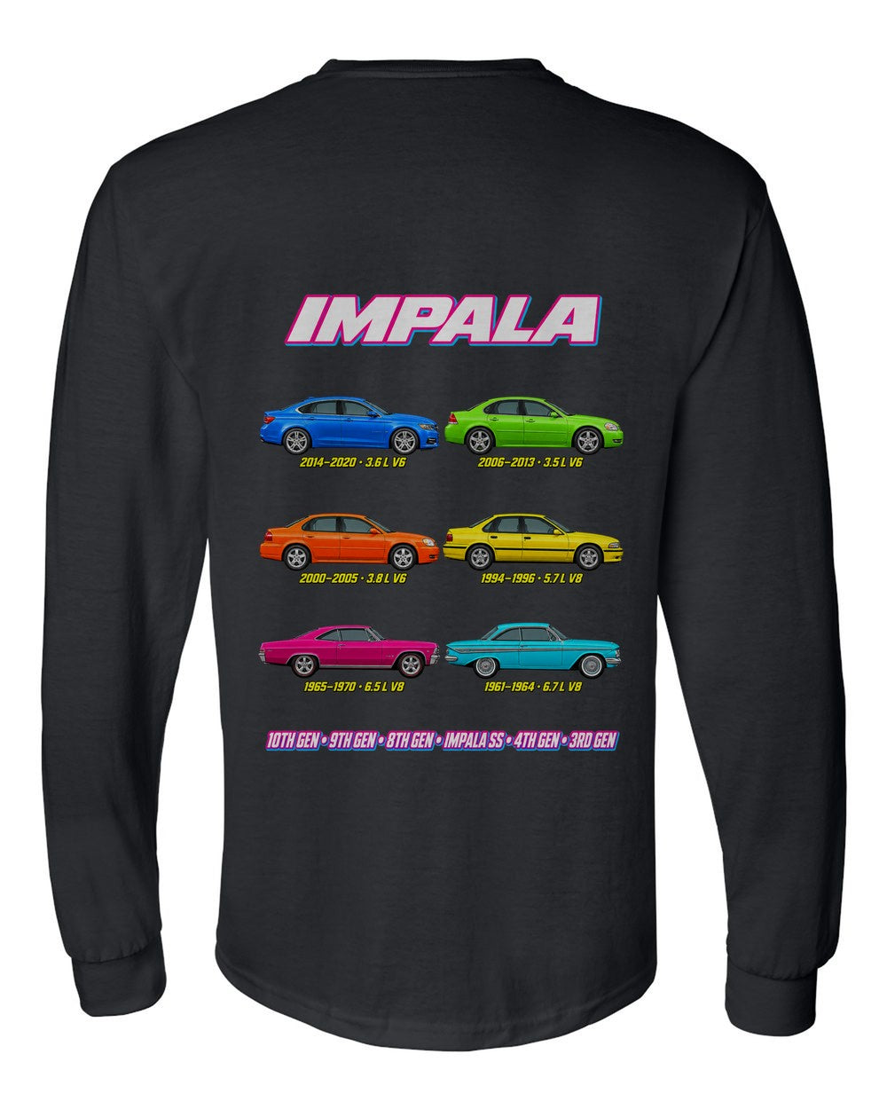 Chevy Impala evolution poster black long sleeve back view with the design