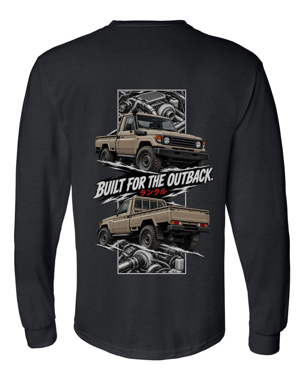 Toyota Land Cruiser 70 torn poster black long sleeve back view with the design