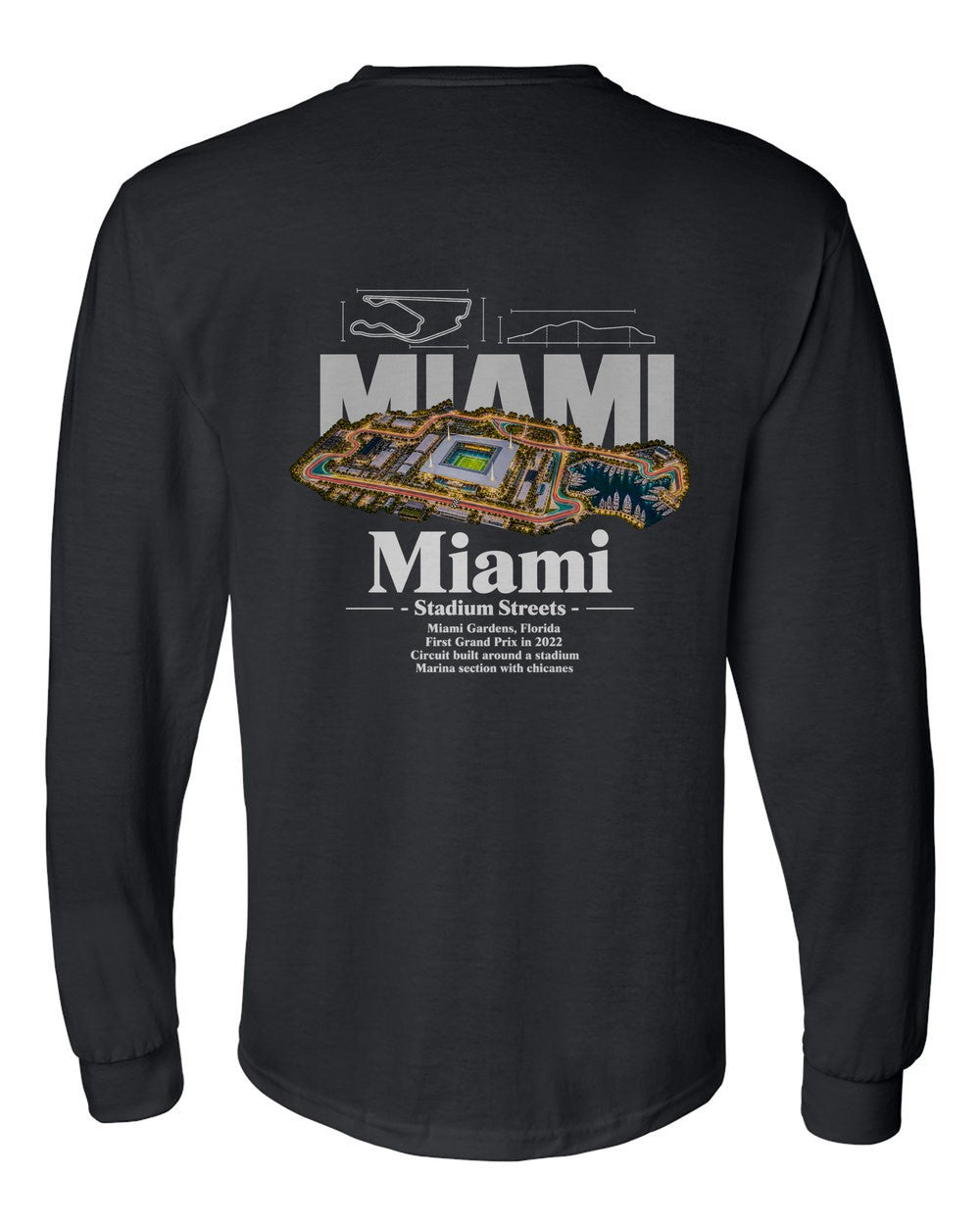 Miami black long sleeve back view with the design