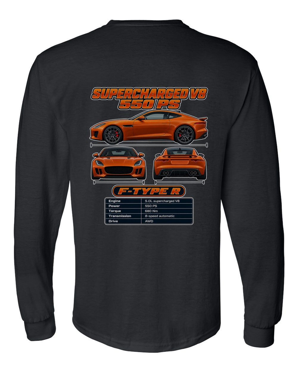 Jaguar F Type R spec sheet black long sleeve back view with the design