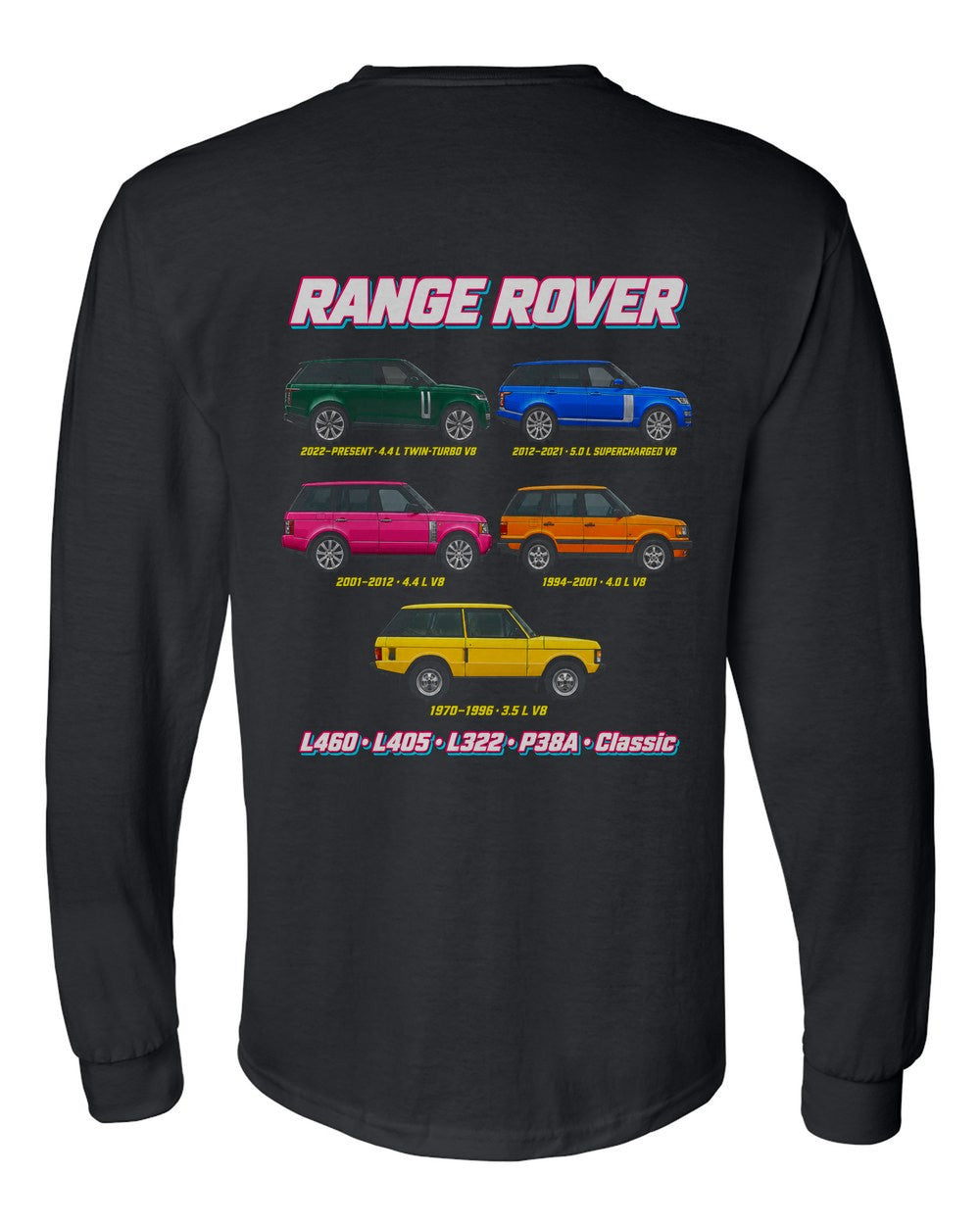 Range Rover evolution poster black long sleeve back view with the design