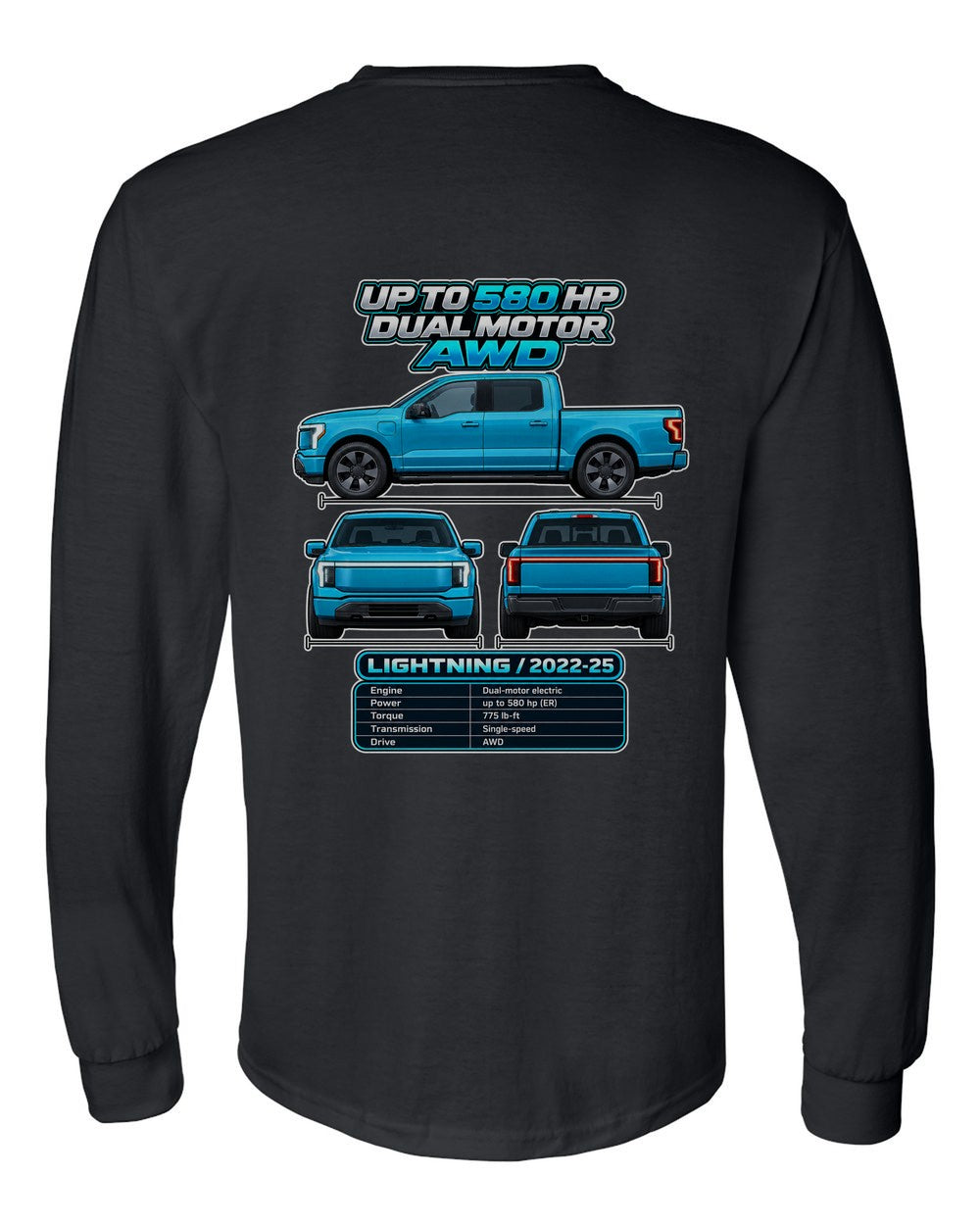 Ford F 150 Lightning spec sheet black long sleeve back view with the design