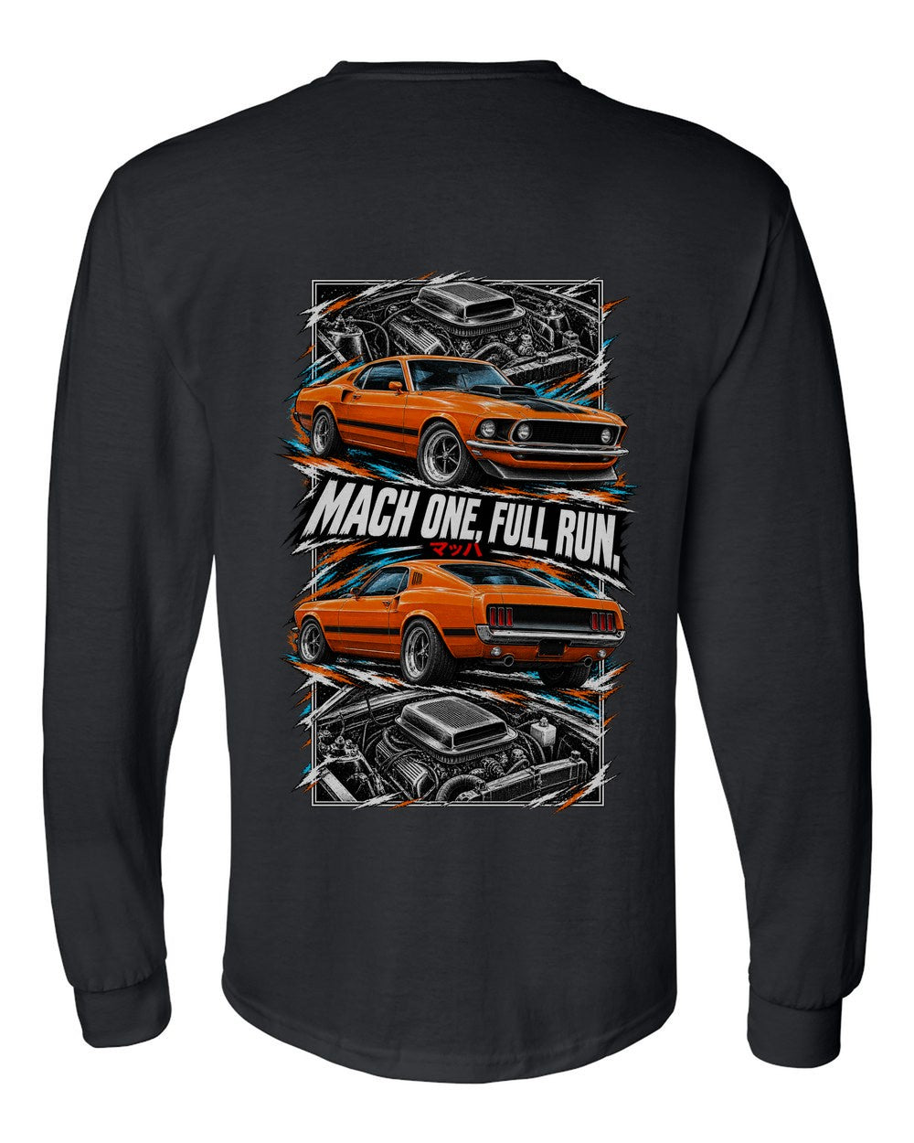 Ford Mustang Mach 1 torn poster black long sleeve back view with the design