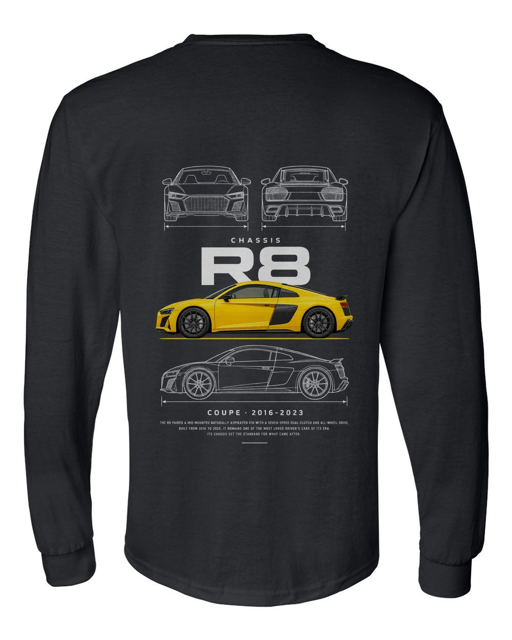 R8 full-back artwork black long sleeve back view with the design