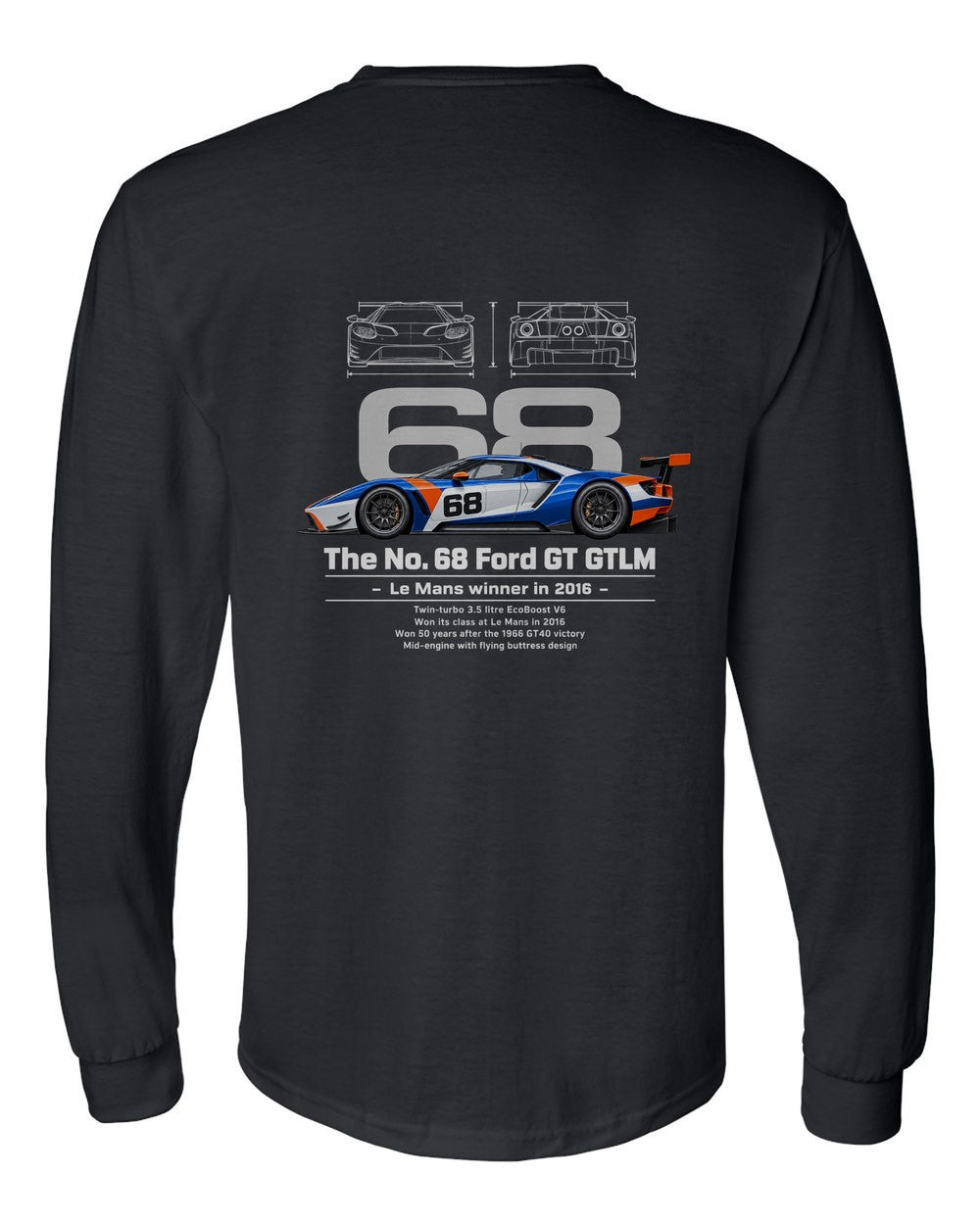 No. 68 Ford GT GTLM black long sleeve back view with the design