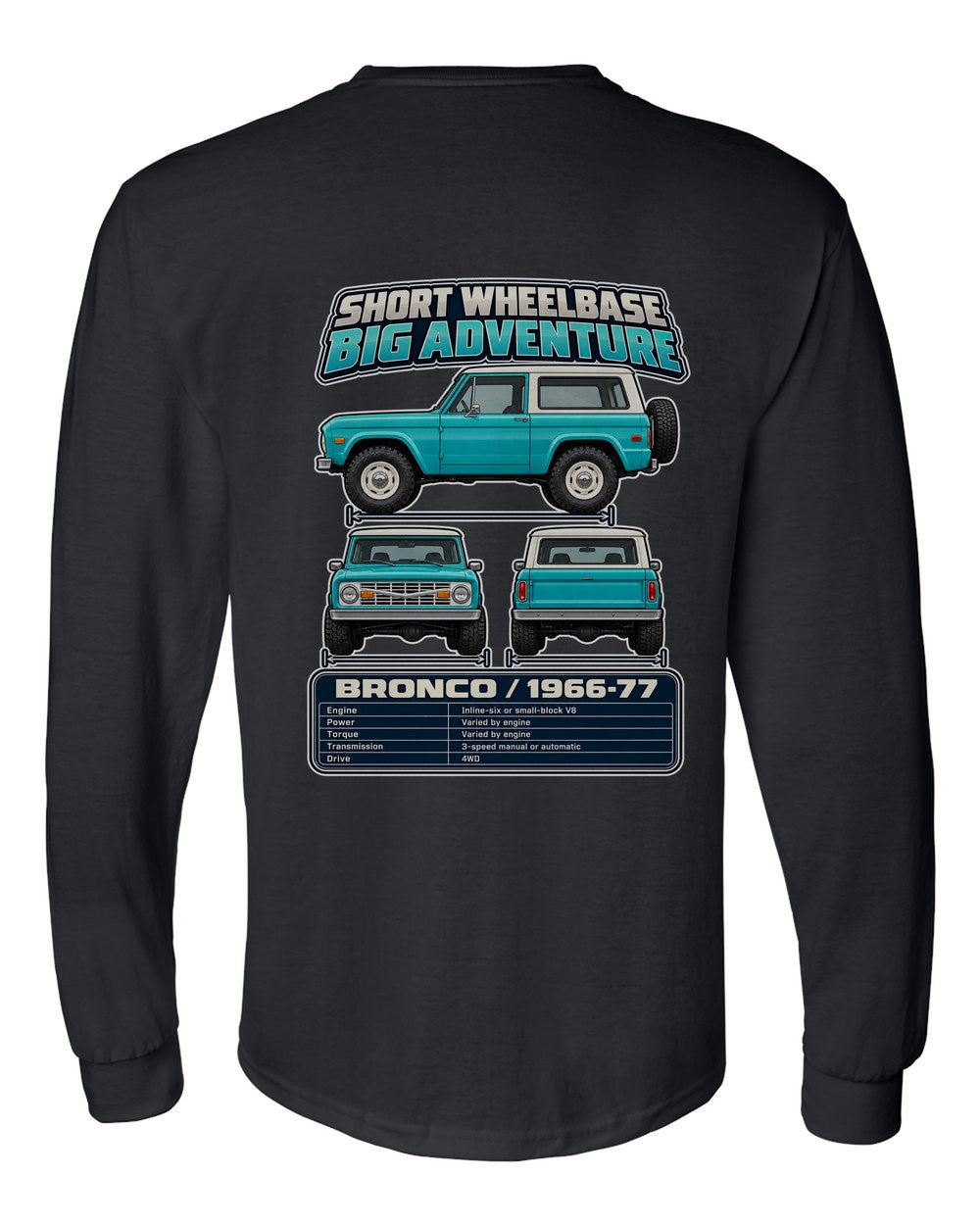 Ford Early Bronco spec sheet black long sleeve back view with the design