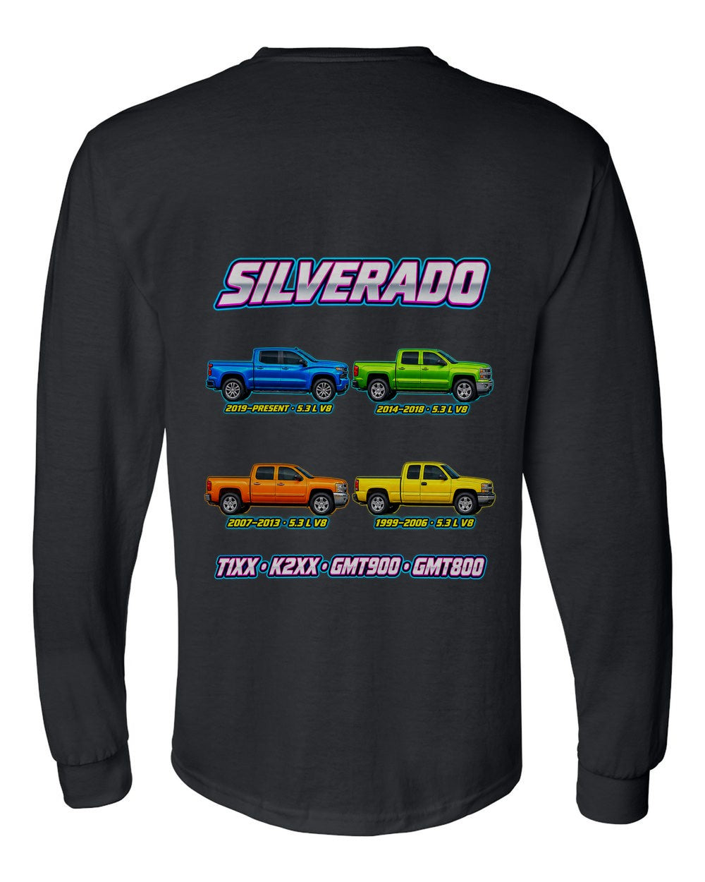 Chevy Silverado evolution poster black long sleeve back view with the design