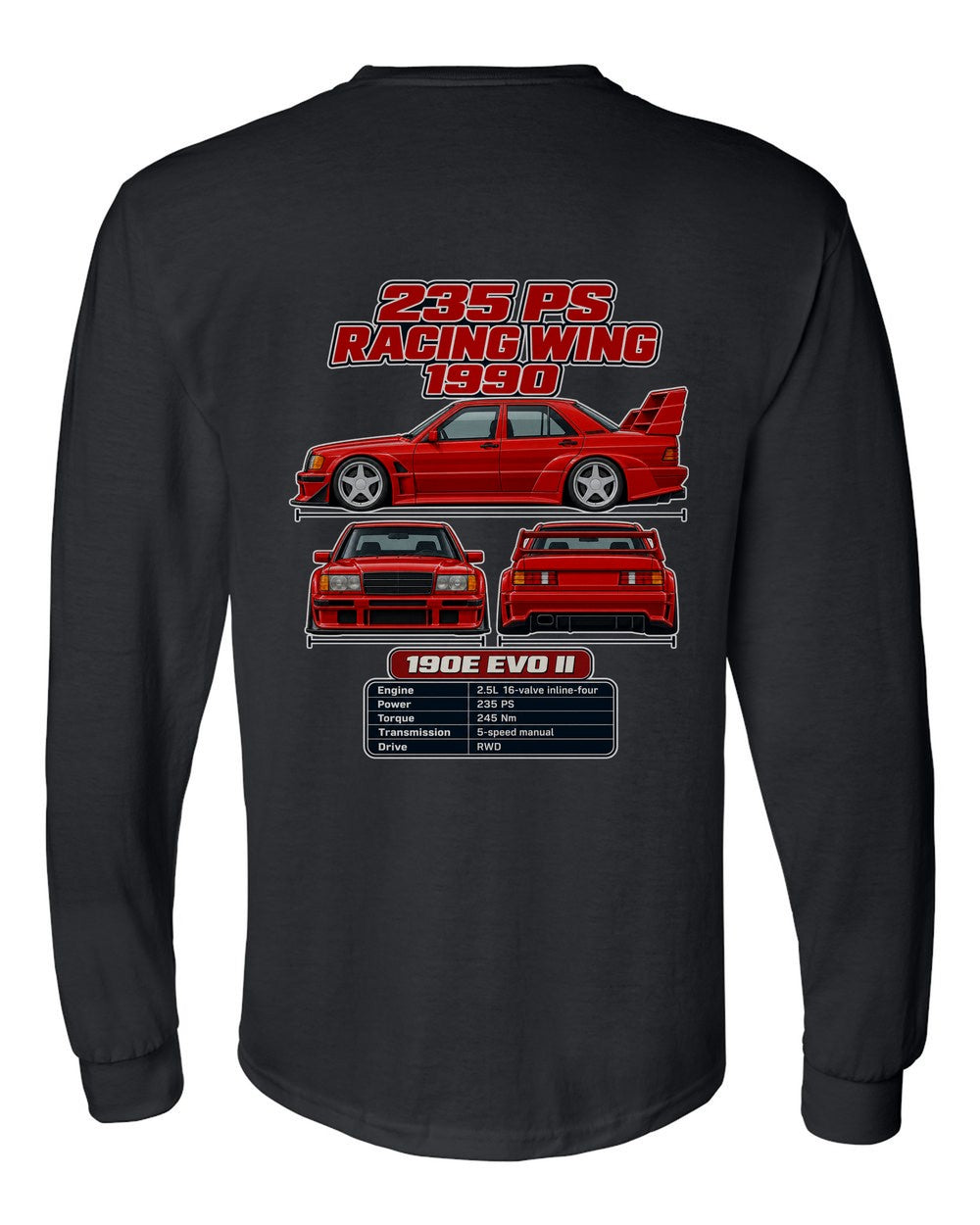 Mercedes 190E 25 16 Evo Ii spec sheet black long sleeve back view with the design