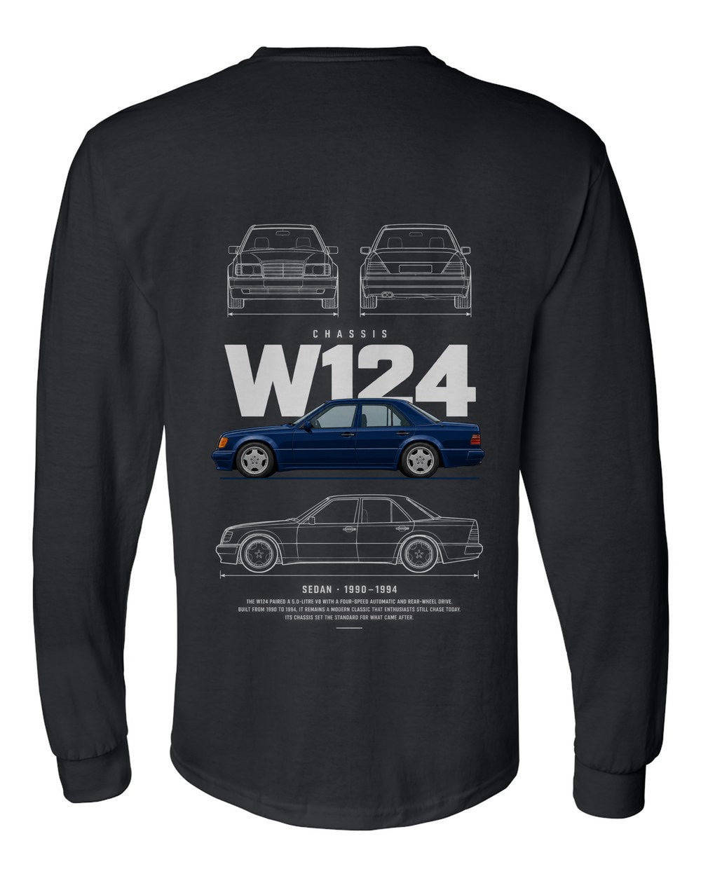 W124 full-back artwork black long sleeve back view with the design
