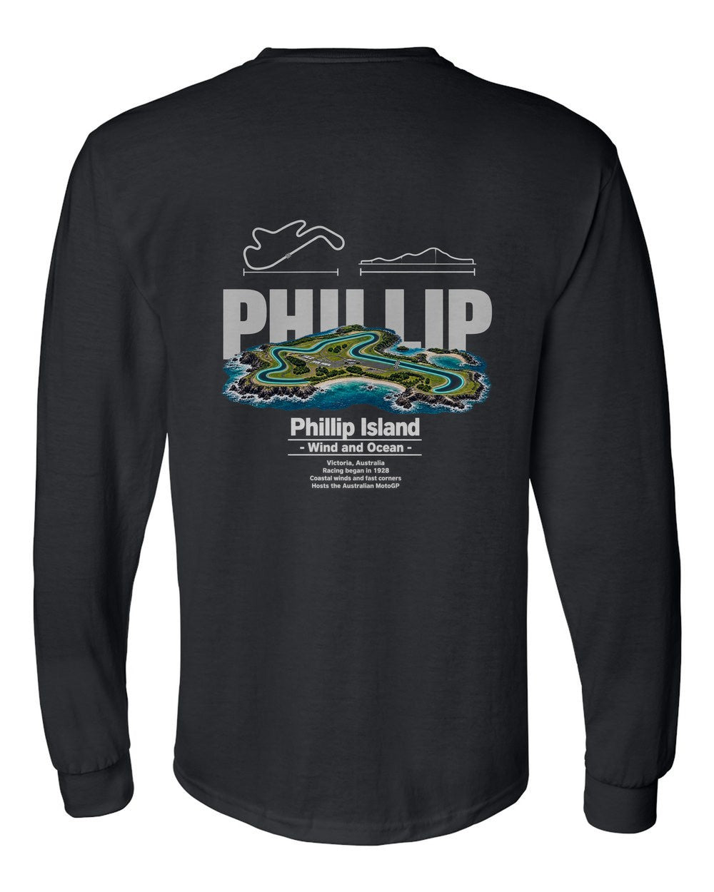Phillip Island black long sleeve back view with the design