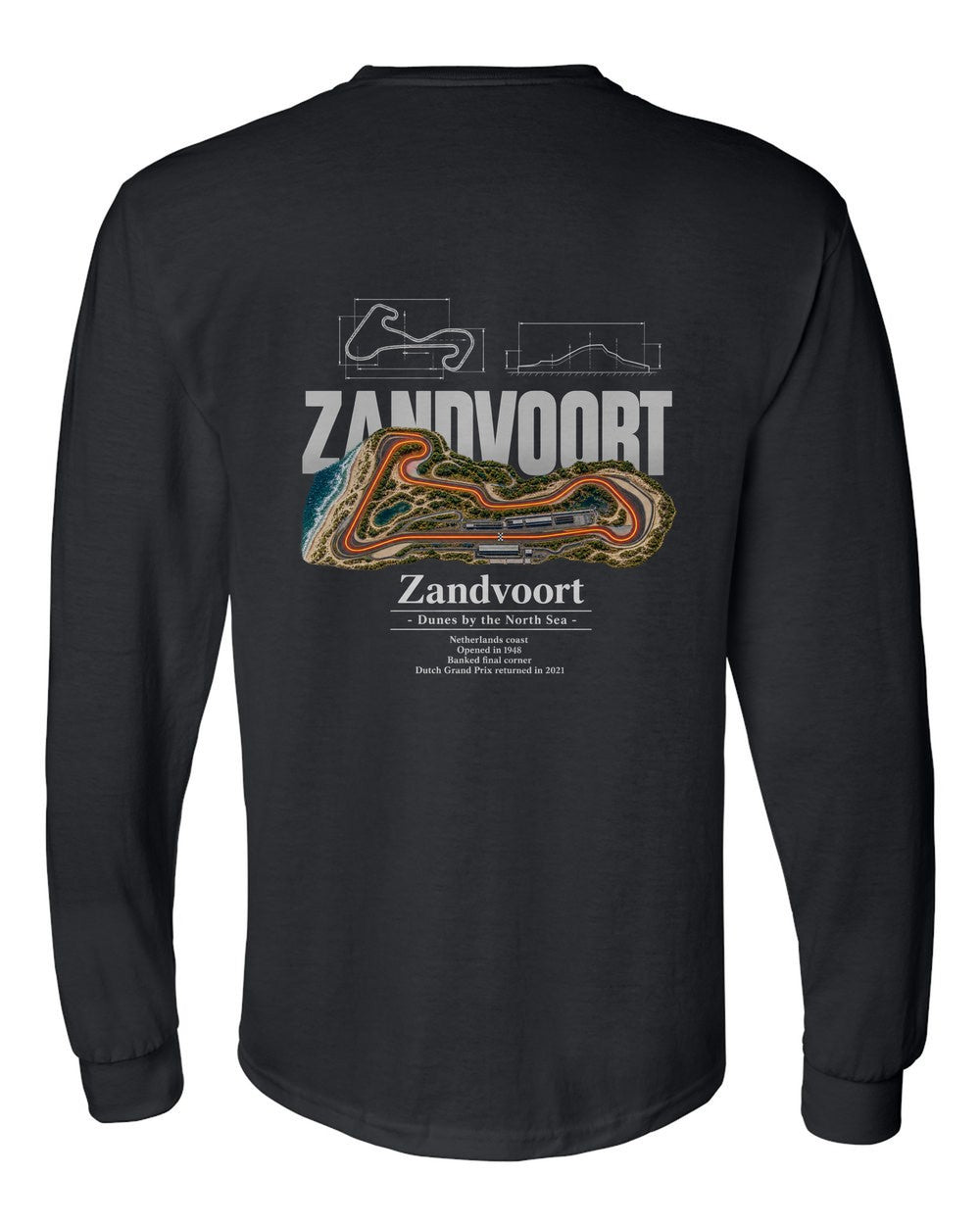 Zandvoort black long sleeve back view with the design
