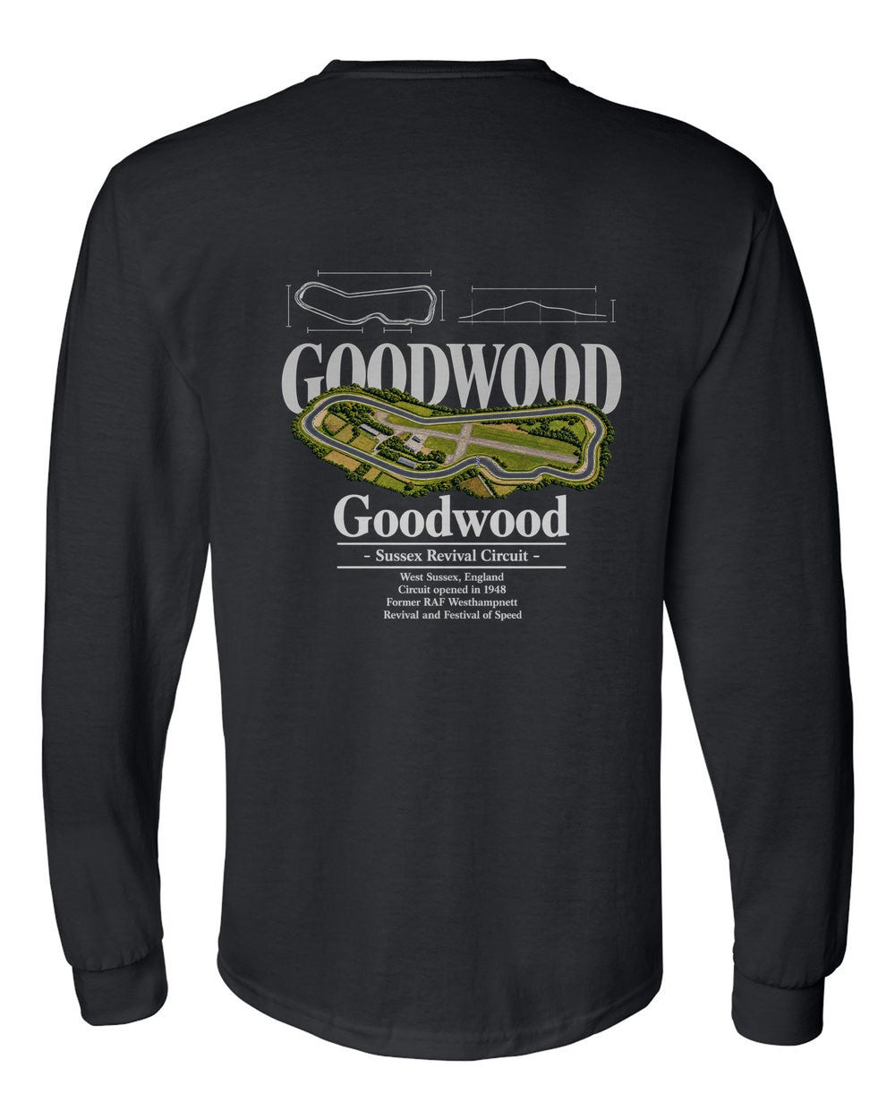 Goodwood black long sleeve back view with the design