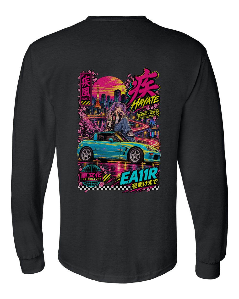 HAYATE EA11R full-back artwork black long sleeve back view with the design