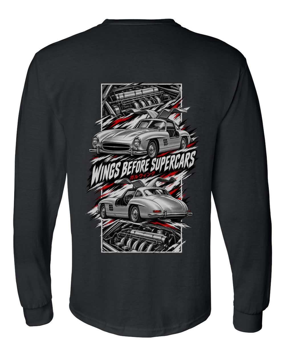 Mercedes 300 Sl torn poster black long sleeve back view with the design