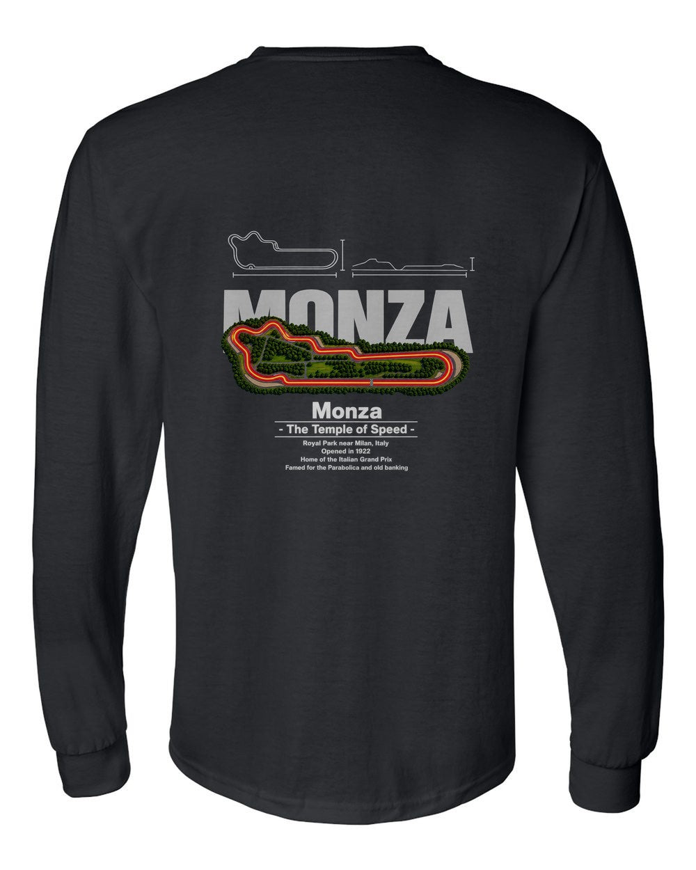 Monza black long sleeve back view with the design