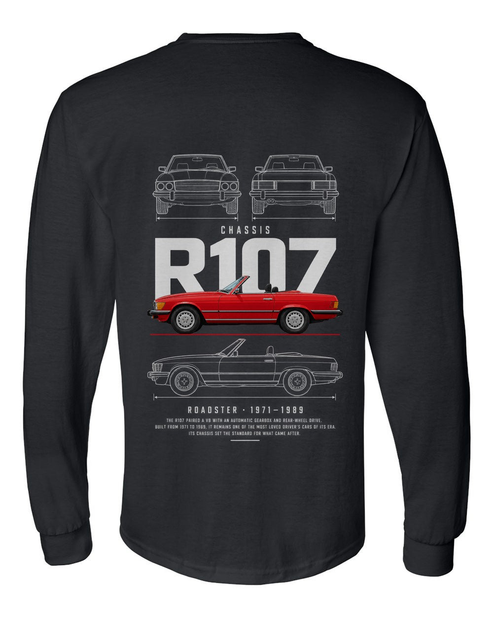 R107 full-back artwork black long sleeve back view with the design