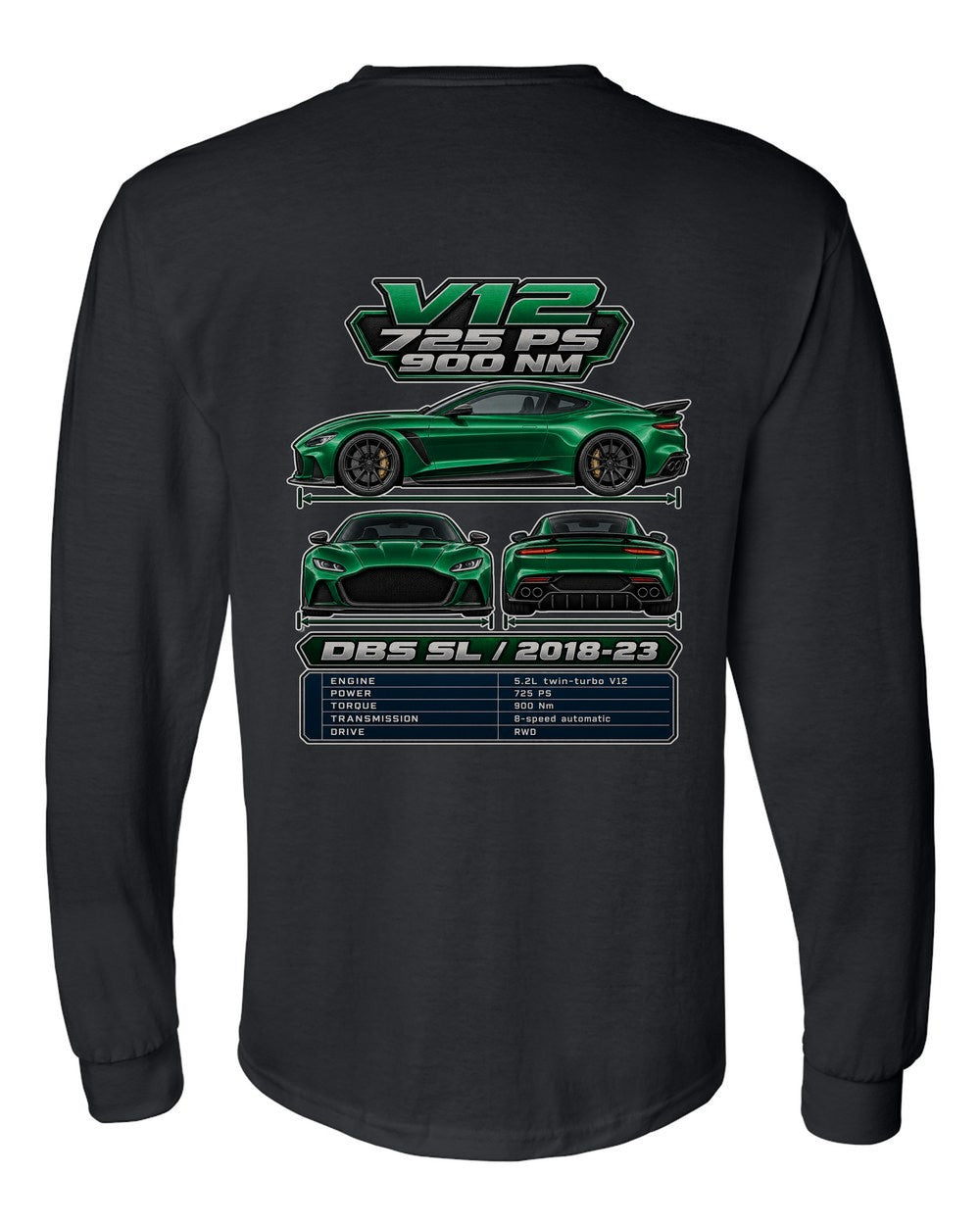 Aston Martin Dbs Superleggera spec sheet black long sleeve back view with the design