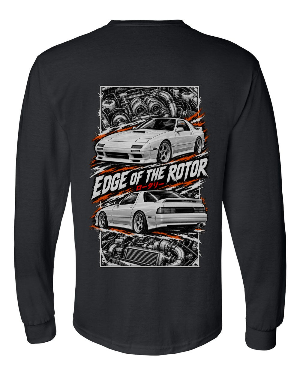 Mazda RX-7 Fc3S torn poster black long sleeve back view with the design