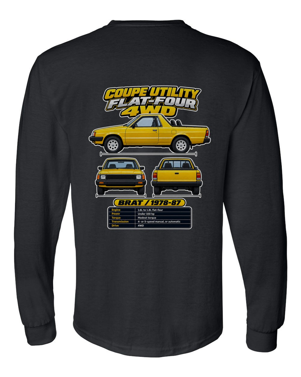 Subaru Brat spec sheet black long sleeve back view with the design