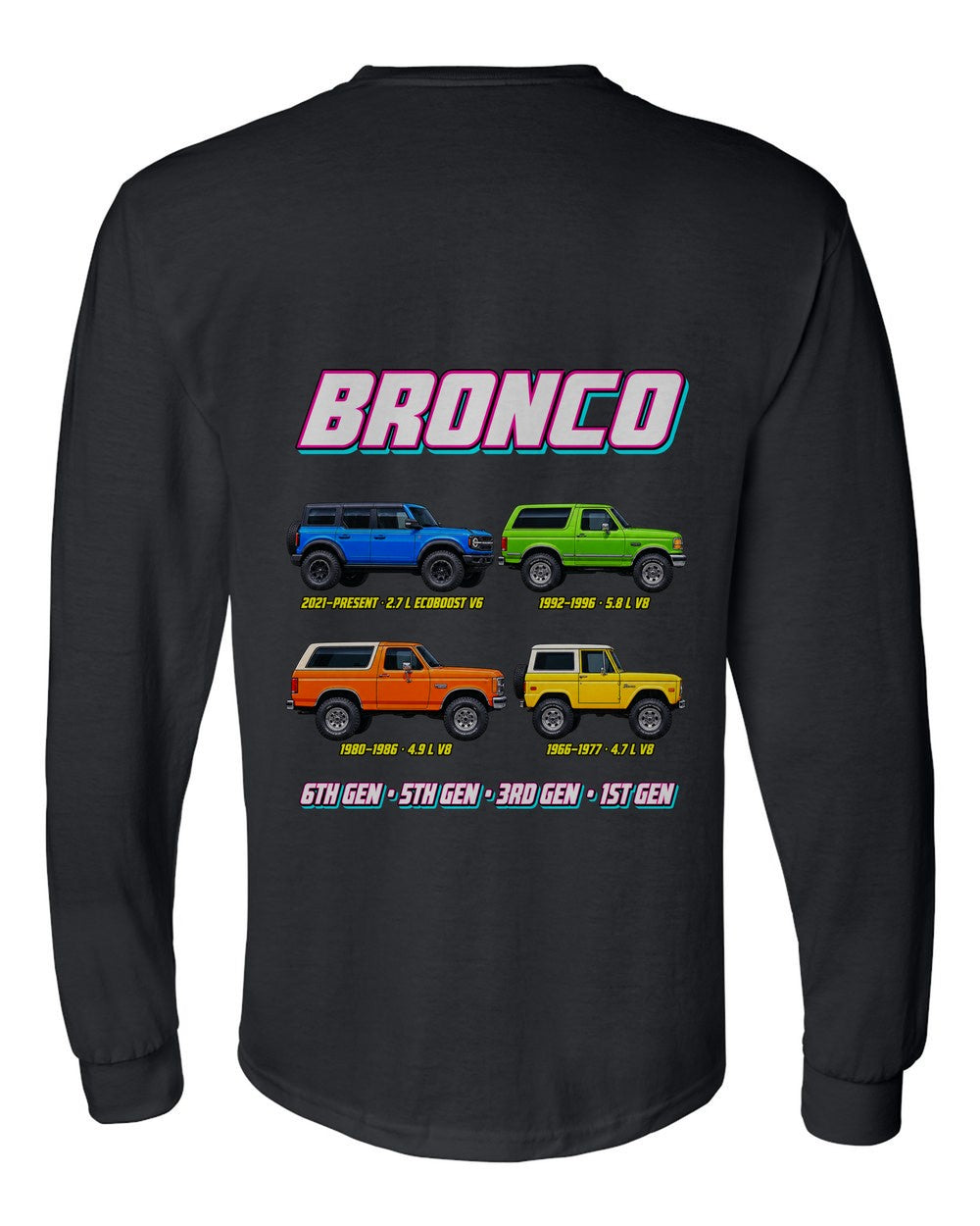 Ford Bronco evolution poster black long sleeve back view with the design