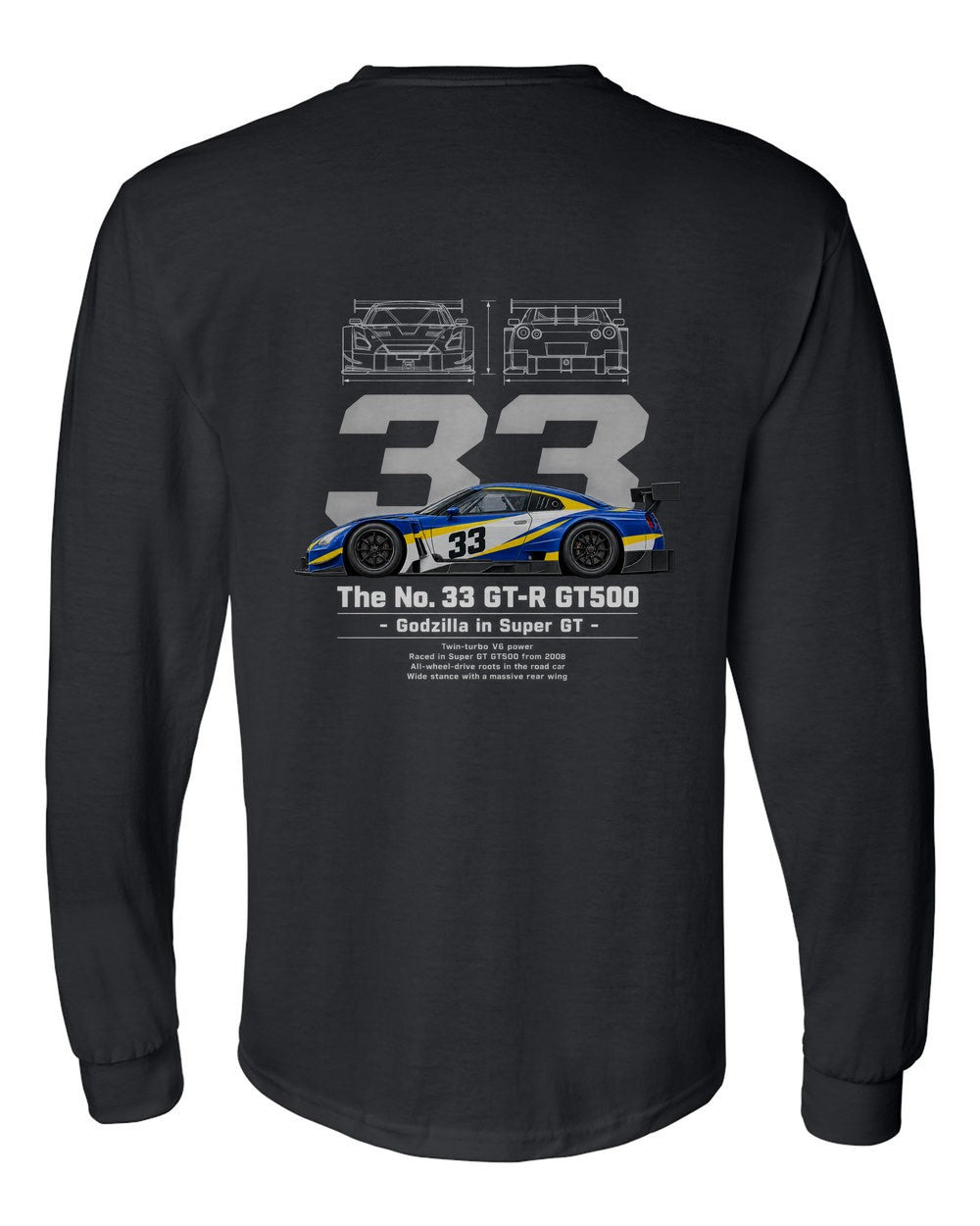 No. 33 GT-R GT500 black long sleeve back view with the design