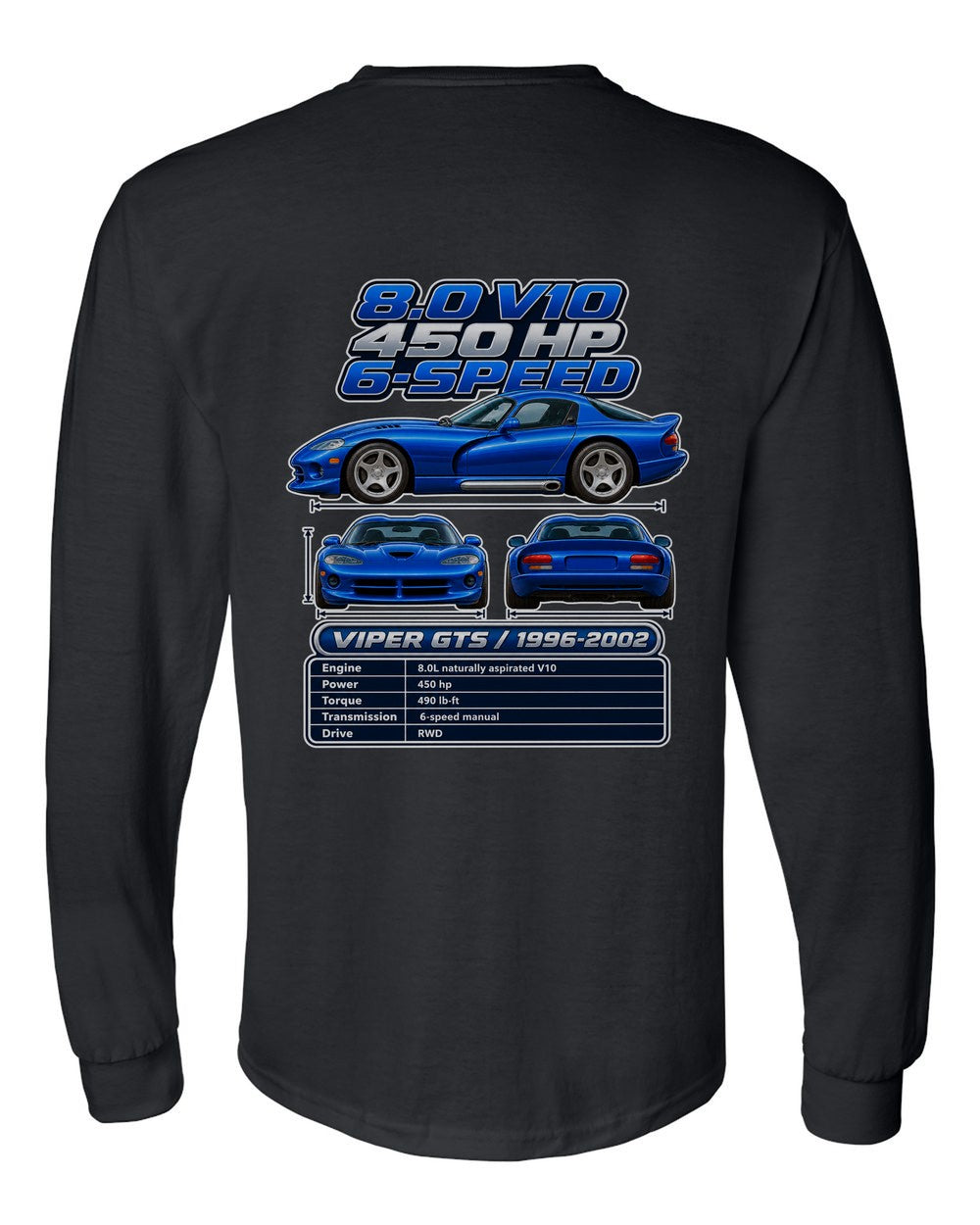 Dodge Viper Gts spec sheet black long sleeve back view with the design