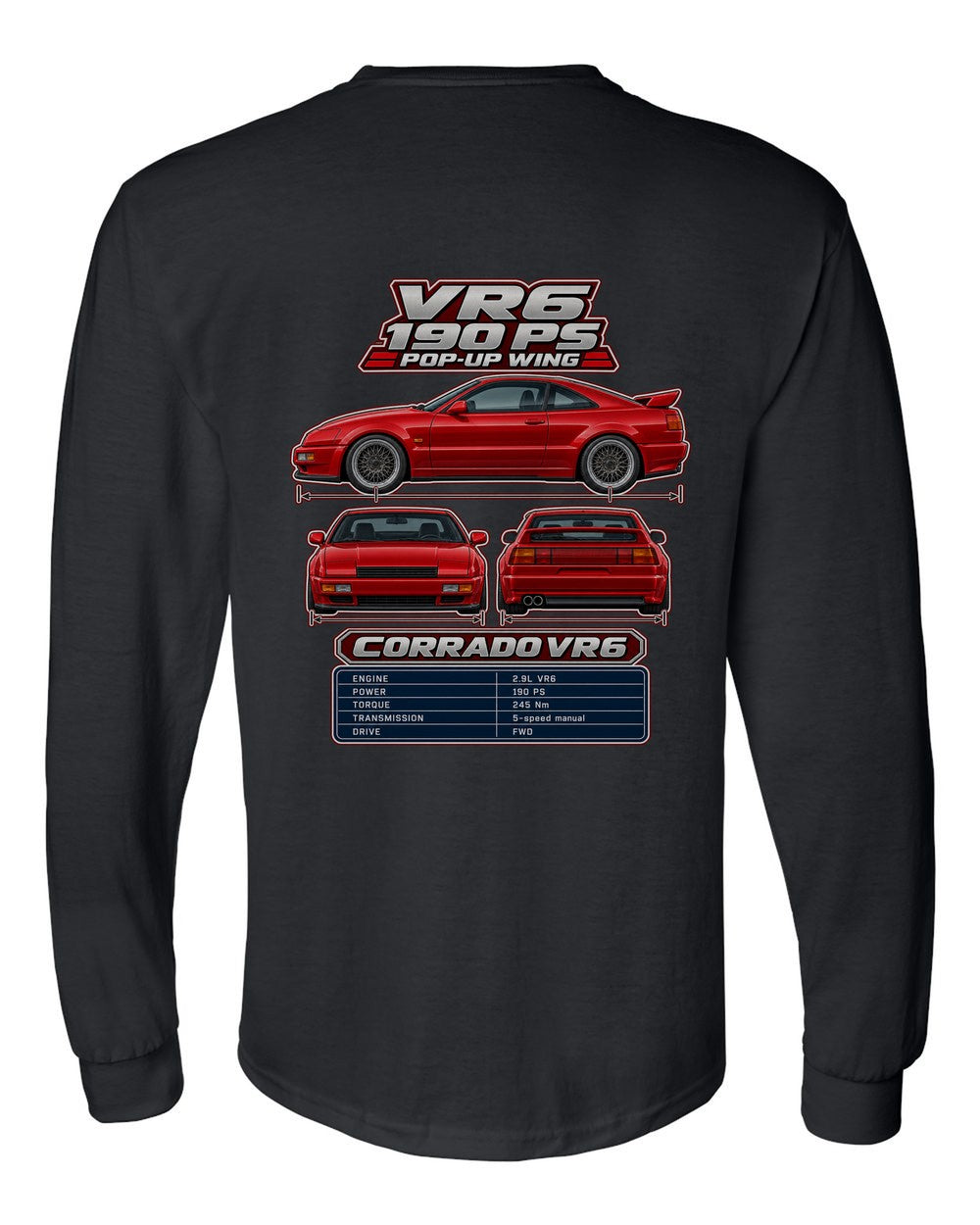 Volkswagen Corrado Vr6 spec sheet black long sleeve back view with the design