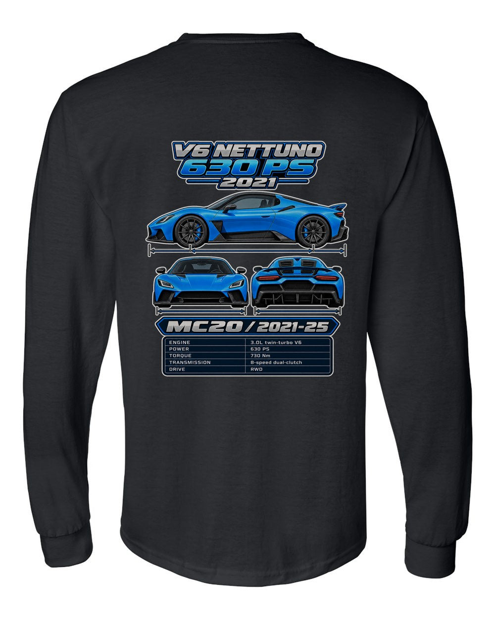 Maserati Mc20 spec sheet black long sleeve back view with the design