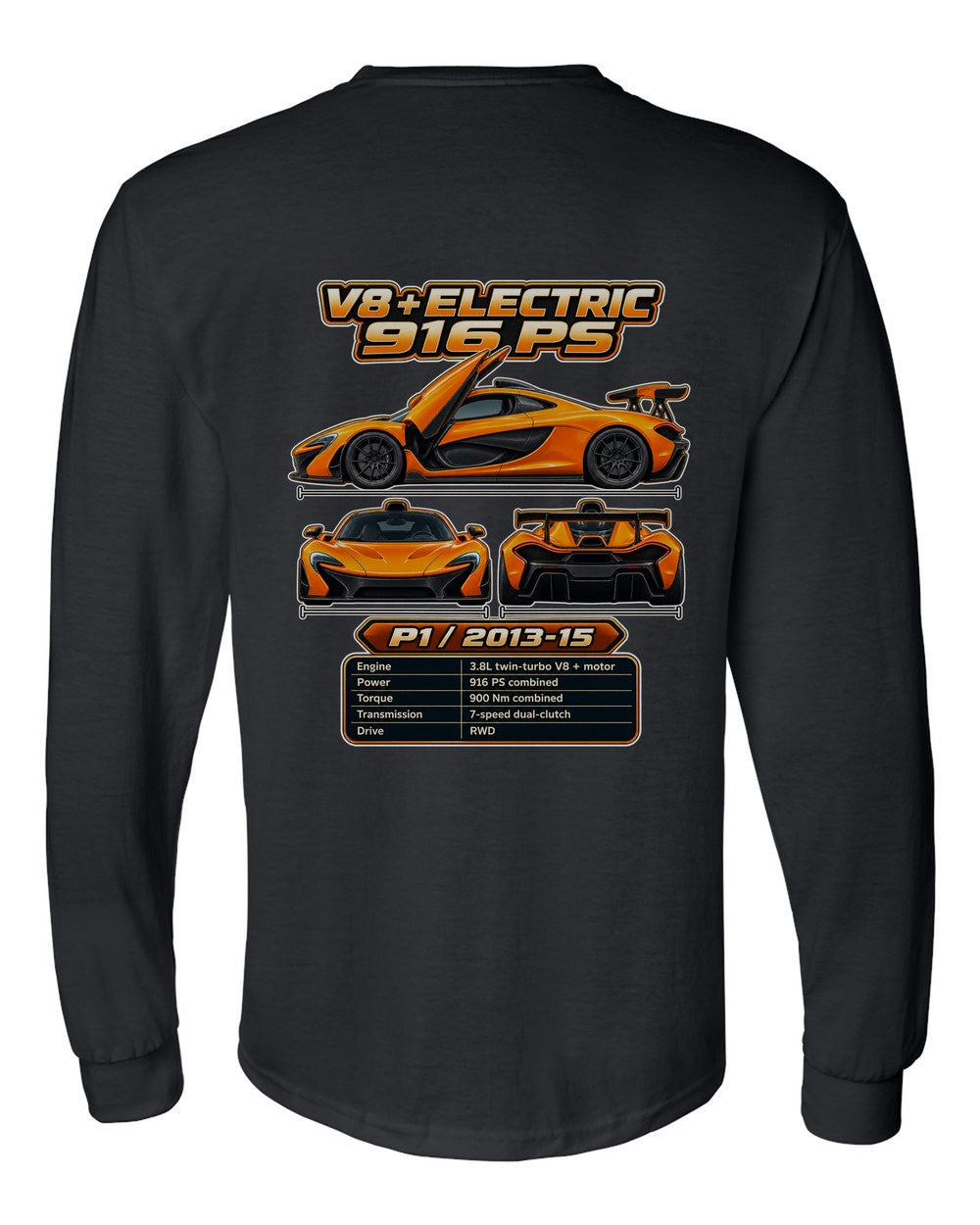 Mclaren P1 spec sheet black long sleeve back view with the design