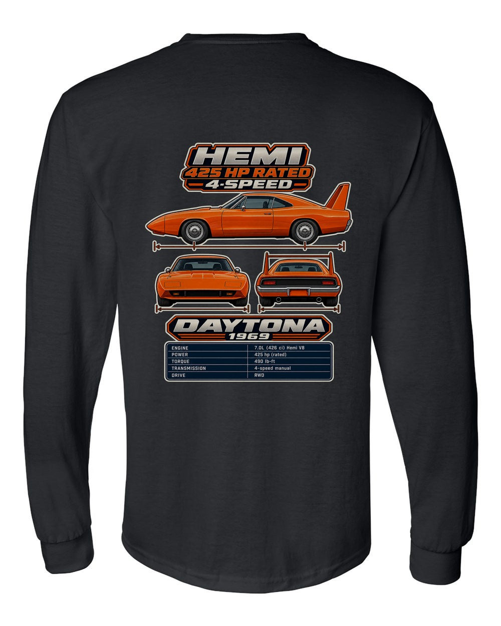 Dodge Charger Daytona spec sheet black long sleeve back view with the design