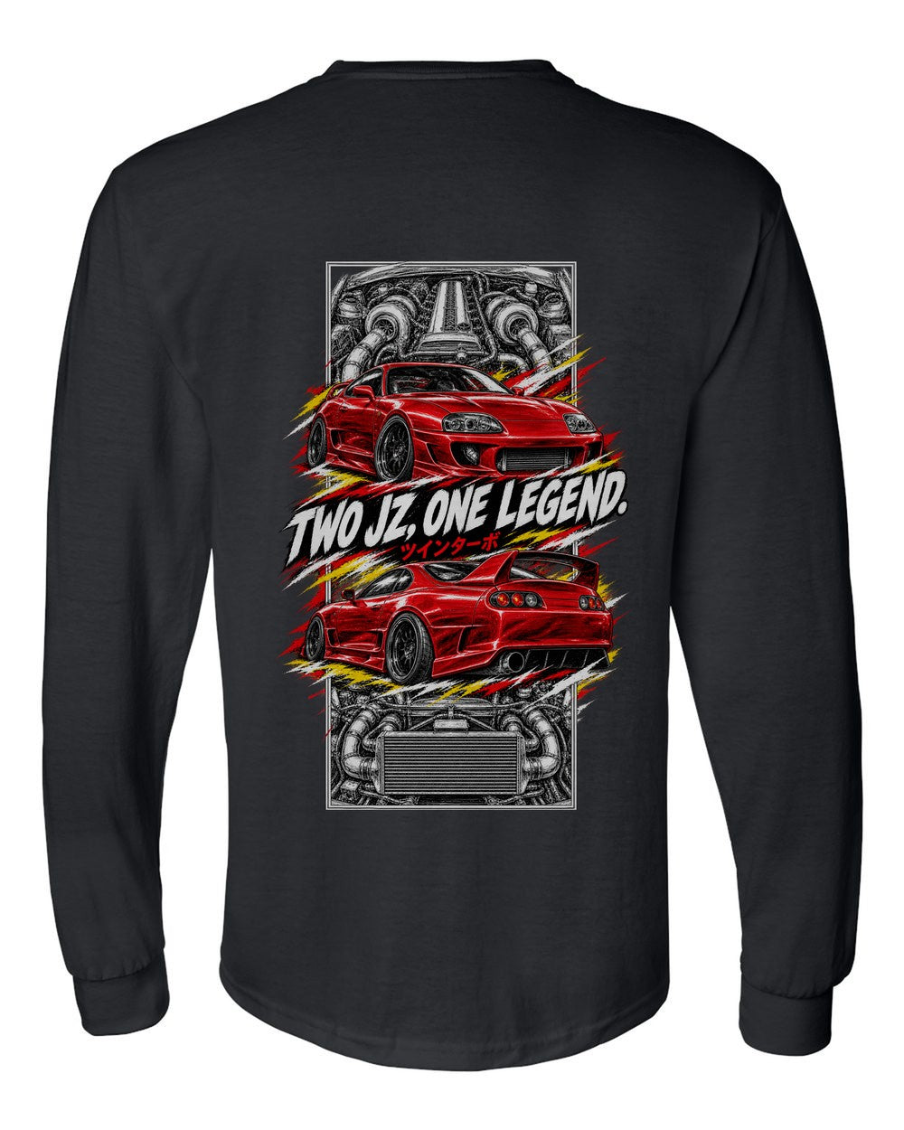 Toyota Supra A80 torn poster black long sleeve back view with the design
