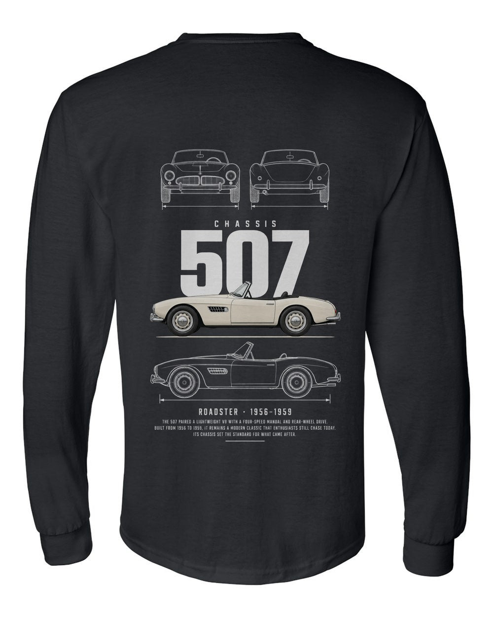 507 full-back artwork black long sleeve back view with the design