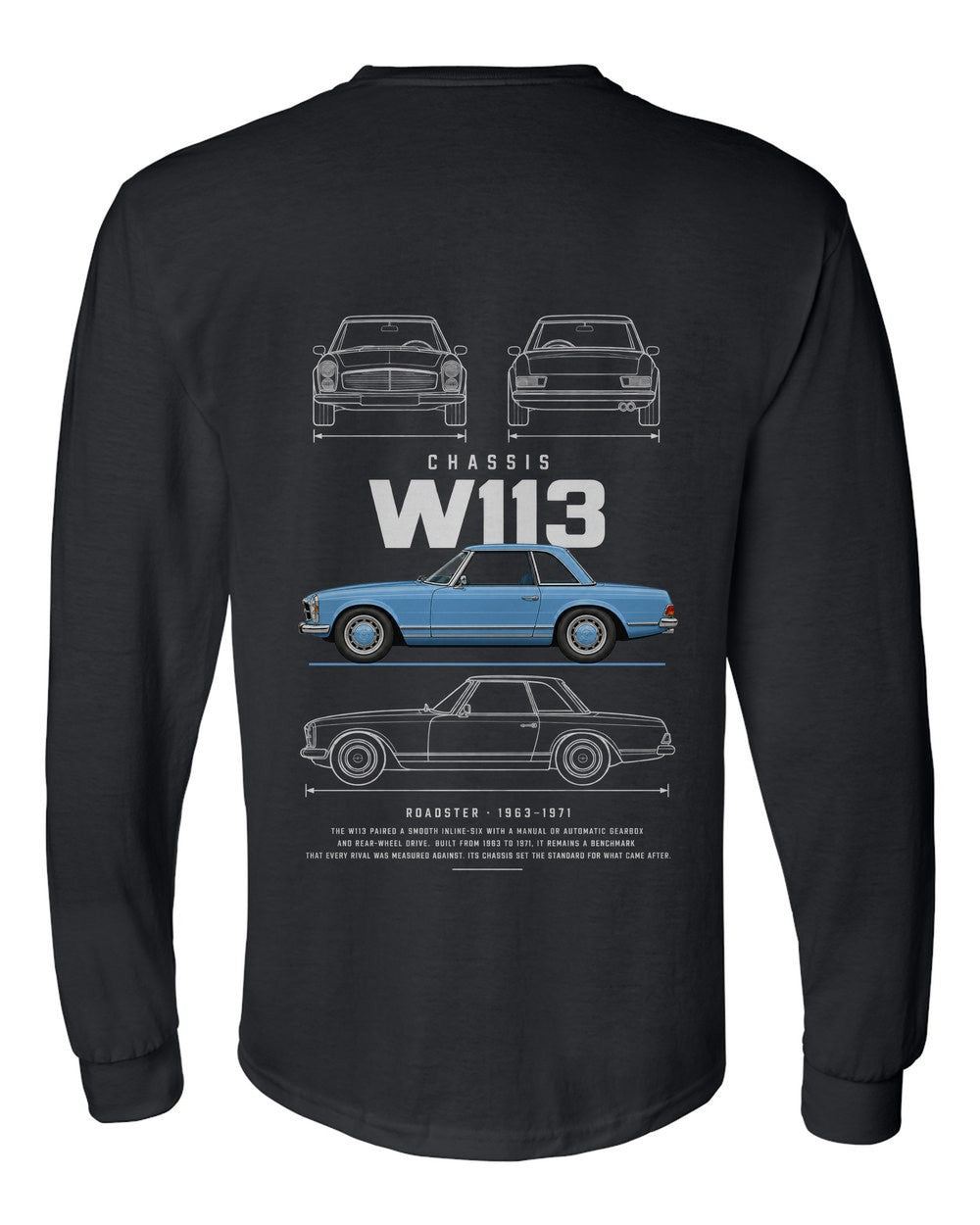 W113 full-back artwork black long sleeve back view with the design