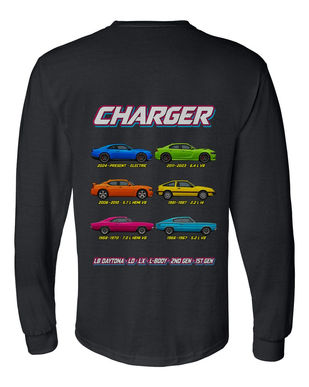 Dodge Charger evolution poster black long sleeve back view with the design