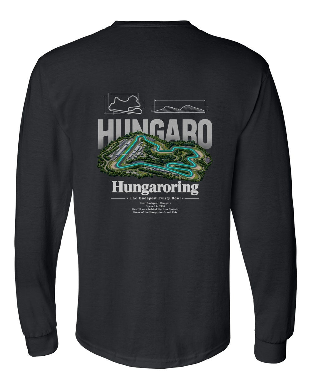 Hungaroring black long sleeve back view with the design
