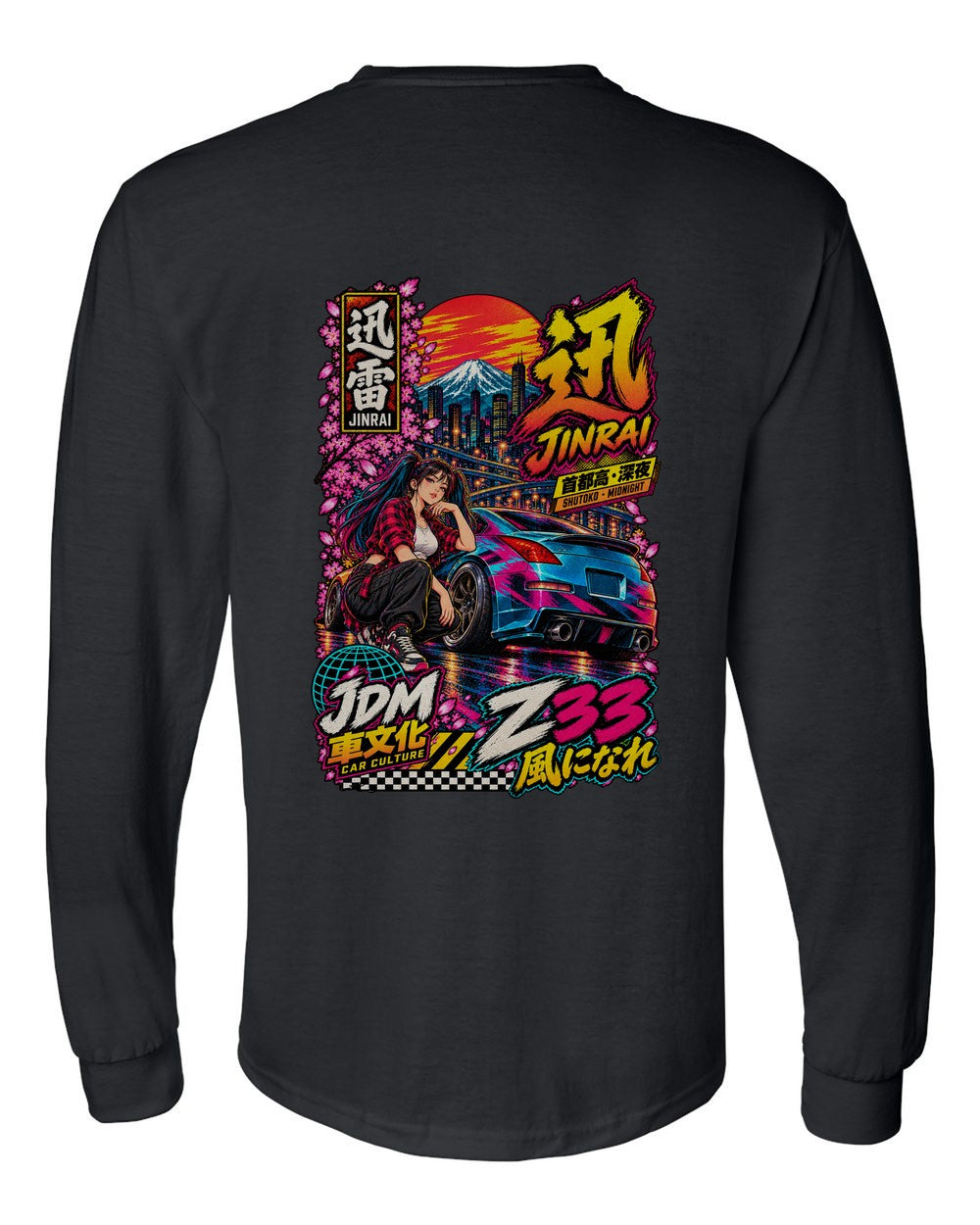 JINRAI Z33 full-back artwork black long sleeve back view with the design