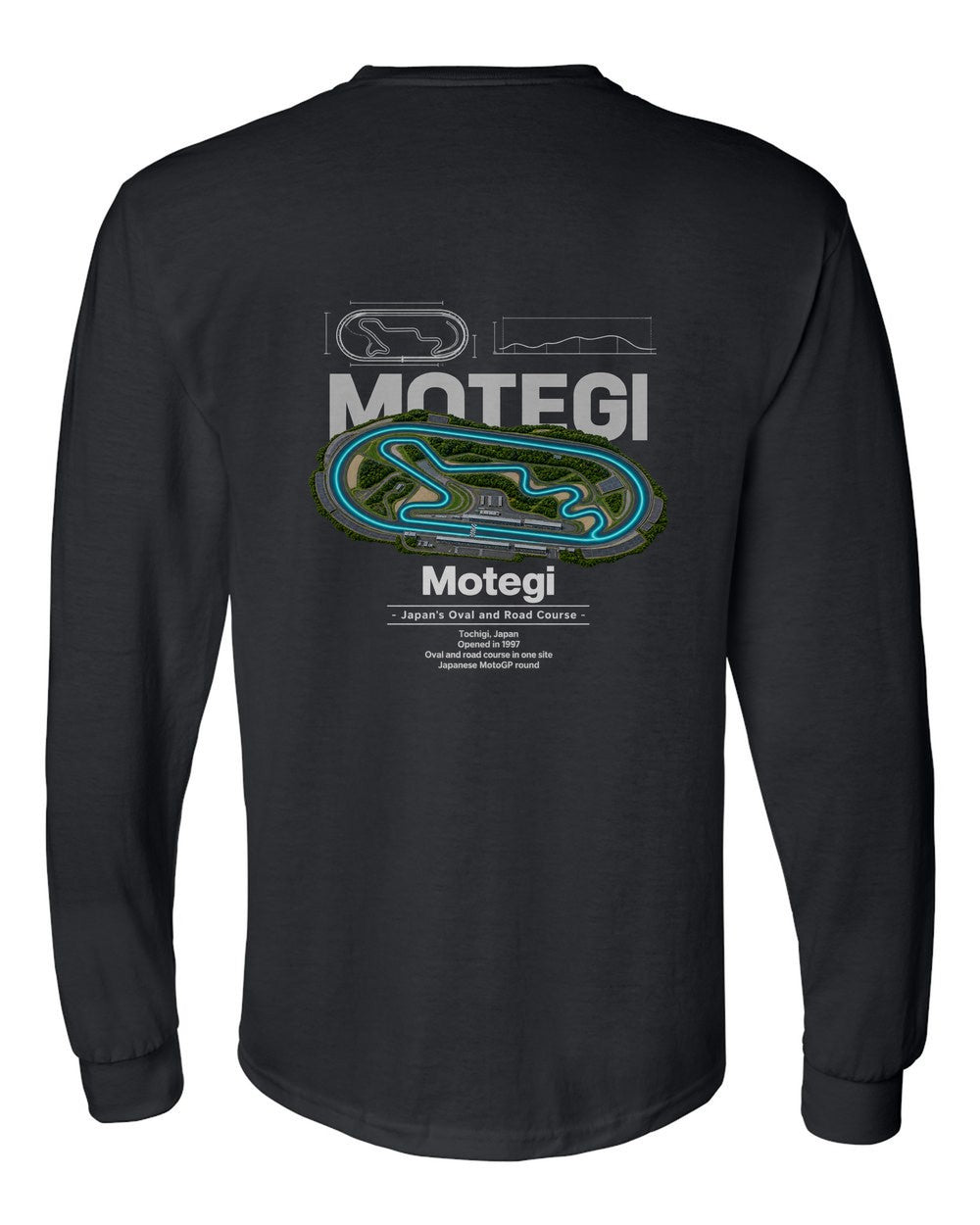 Motegi black long sleeve back view with the design