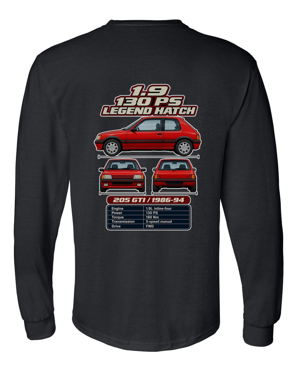 Peugeot 205 Gti 19 spec sheet black long sleeve back view with the design