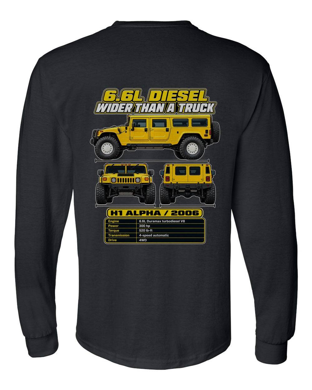 Hummer H1 Alpha spec sheet black long sleeve back view with the design