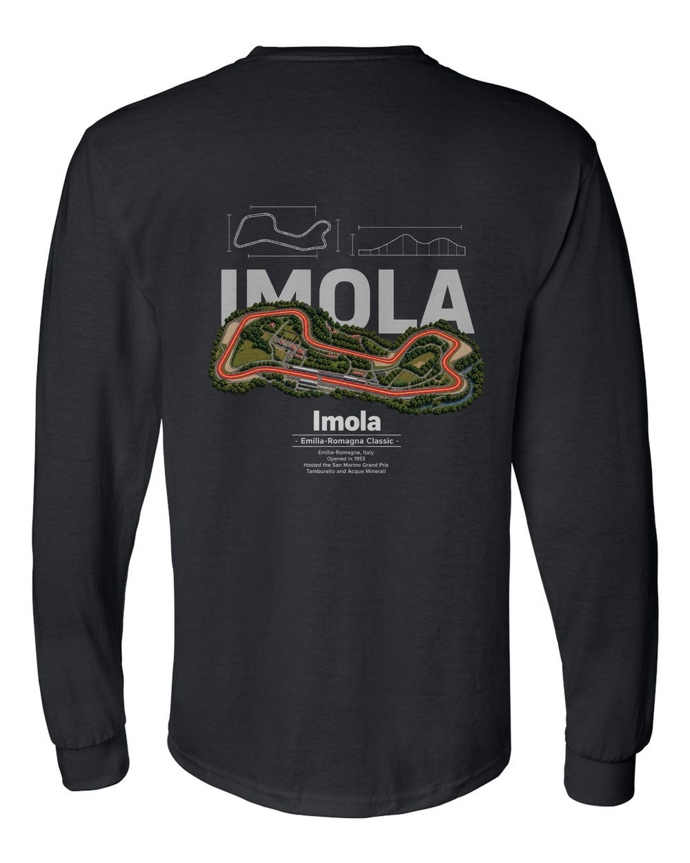 Imola black long sleeve back view with the design