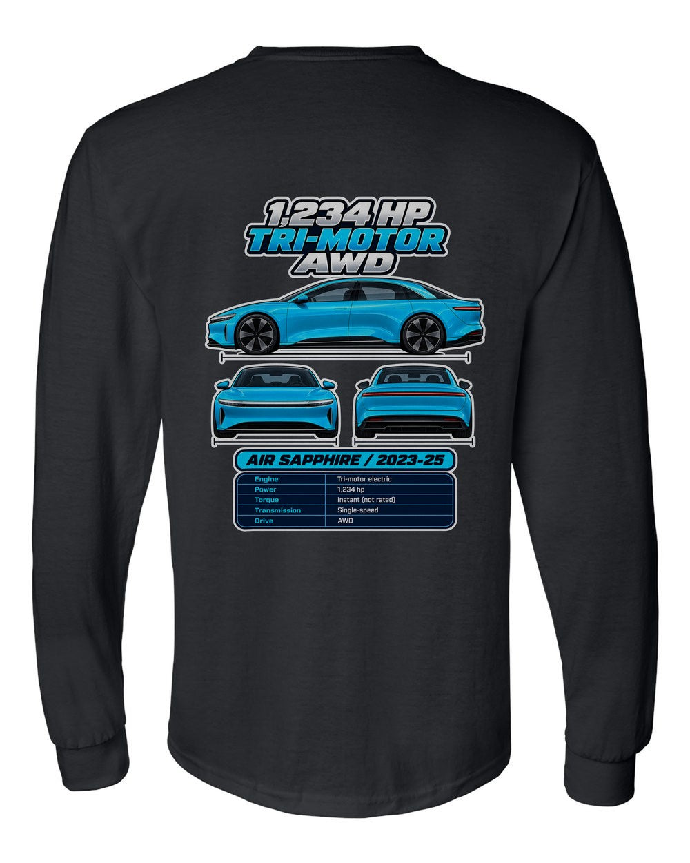 Lucid Air Sapphire spec sheet black long sleeve back view with the design