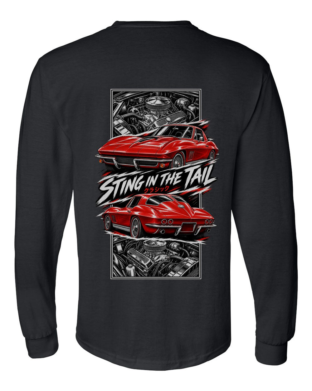 Corvette C2 torn poster black long sleeve back view with the design