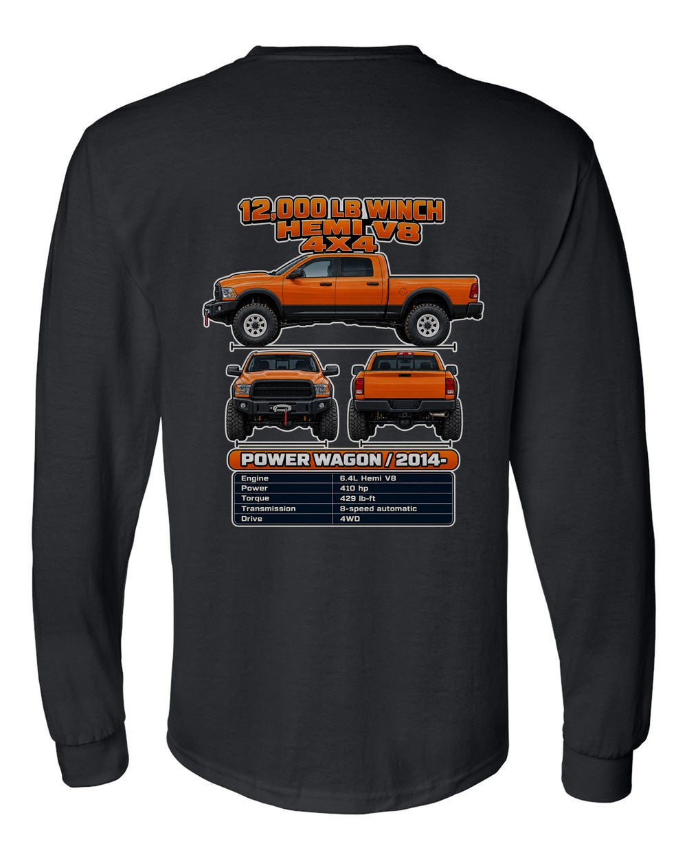 RAM Power Wagon spec sheet black long sleeve back view with the design