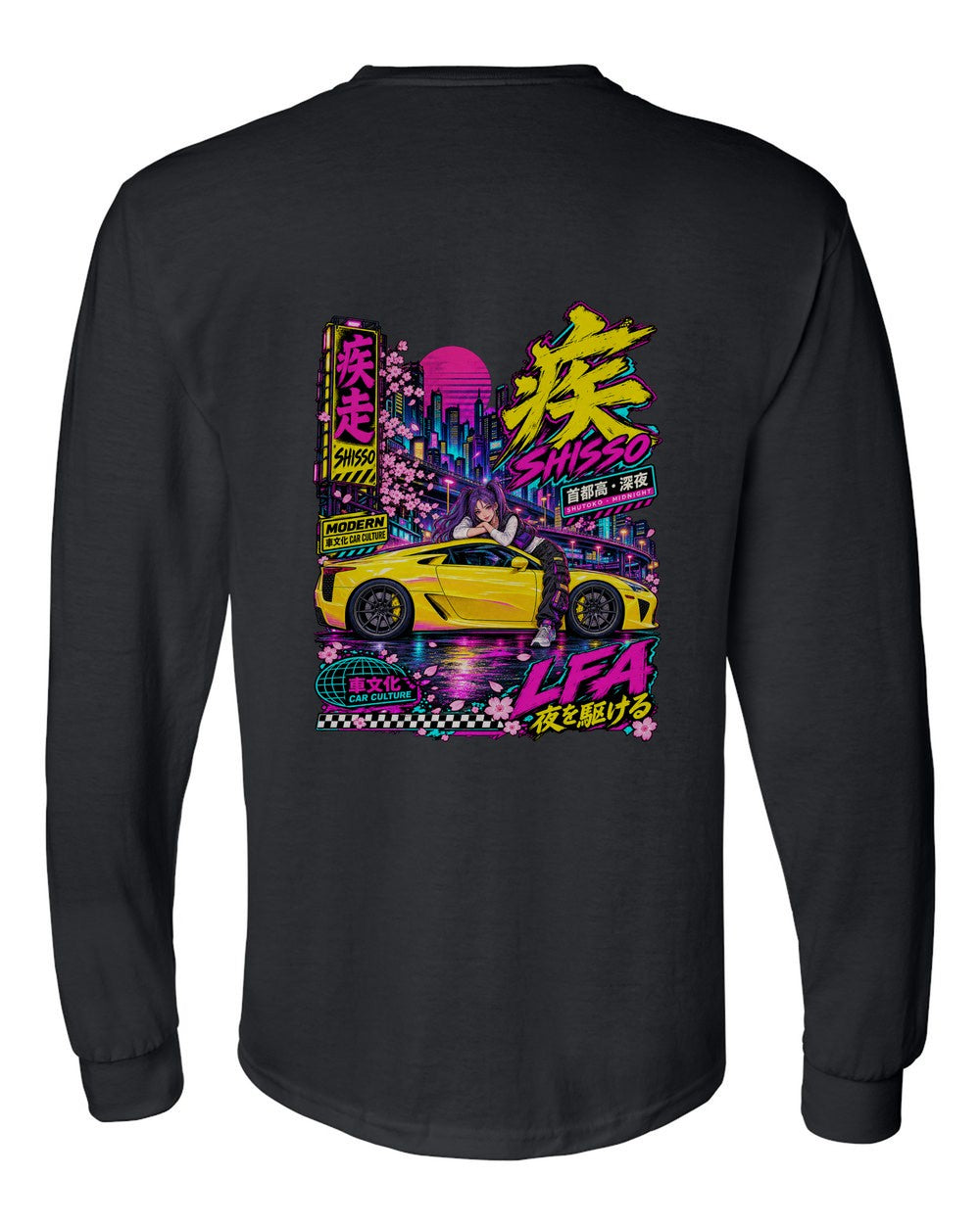 SHISSO LFA full-back artwork black long sleeve back view with the design